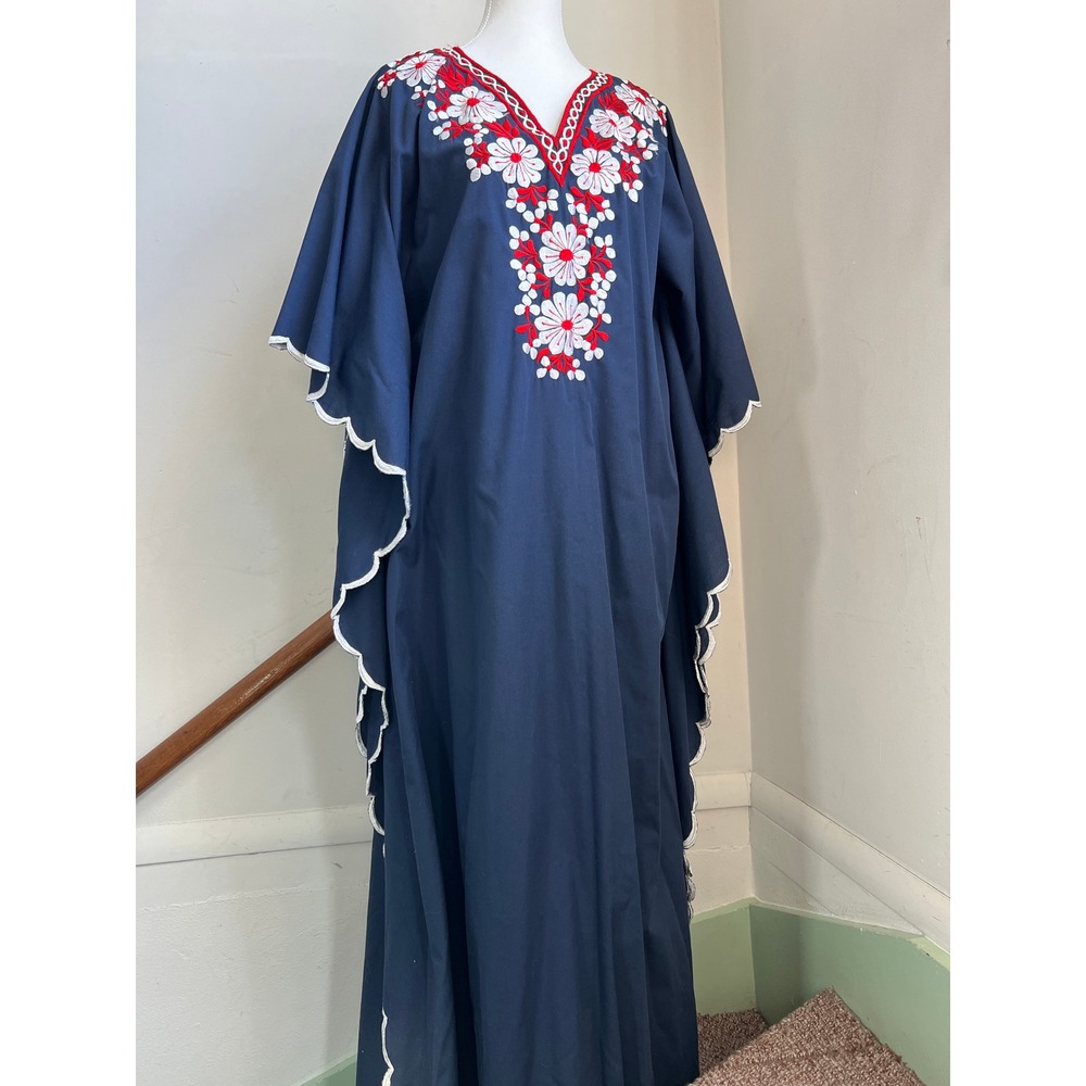 Vintage Kaftan Maxi Dress Navy Blue Floral Embroidered Angel Sleeve Boho Hippie